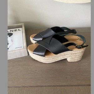 Soludos Amalfi Heel Espadrilles Platform Sandals Black Leather | Size 6.5